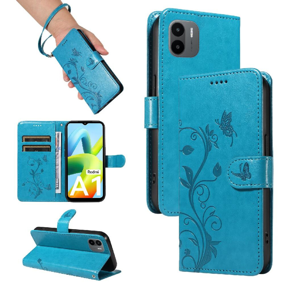 (Blue) Case For Xiaomi Redmi A1 Embossed Butterfly High Quality Leather With Hand Strap And Card Slot Wallet Phone Case Blue 764762629304