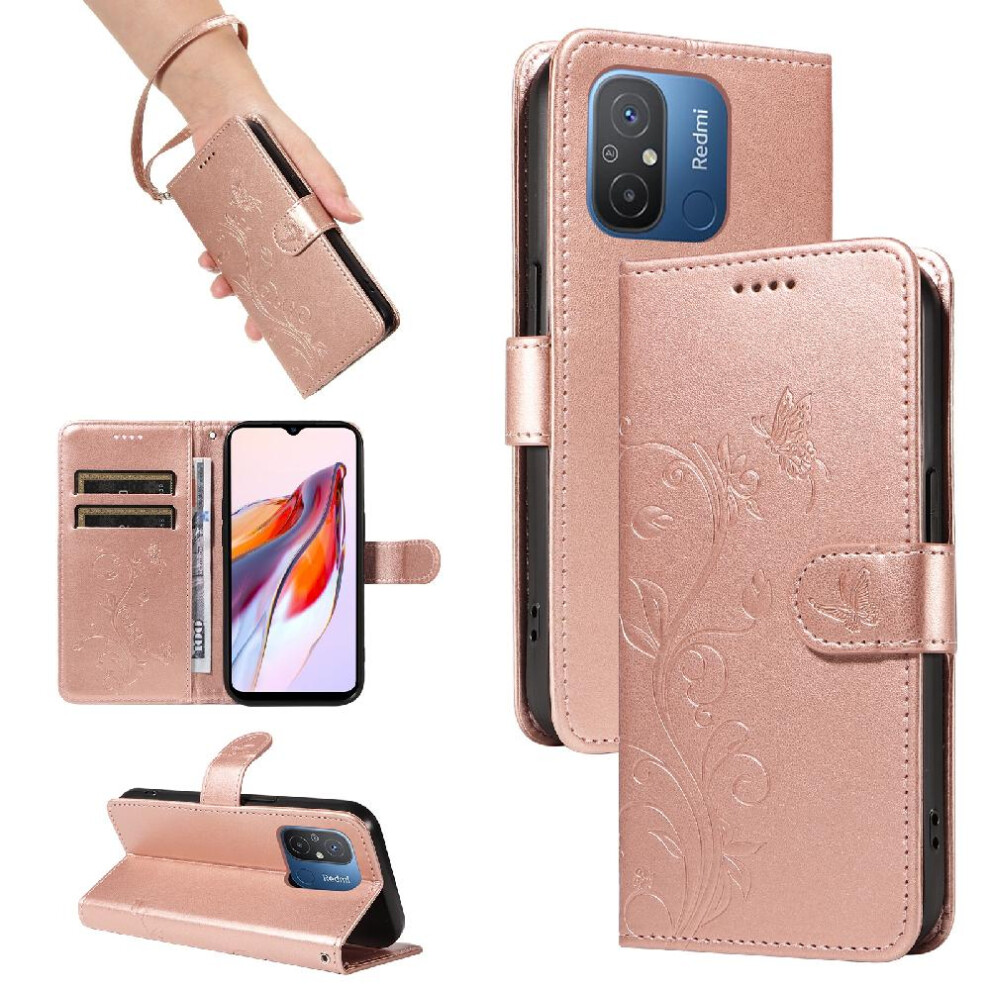 (Pink) Case For Xiaomi Redmi 11A With Hand Strap Embossed Butterfly And Card Slot Wallet Phone Case High Quality Leather Pink 764762629465