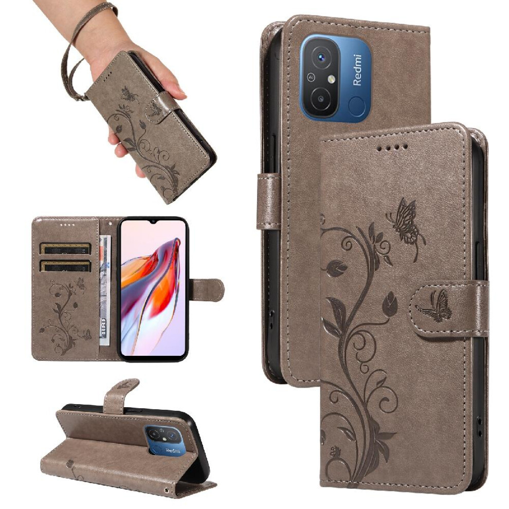 ( ) Case For Xiaomi Redmi 11A With Hand Strap Embossed Butterfly And Card Slot Wallet Phone Case High Quality Leather Gray 764762629458