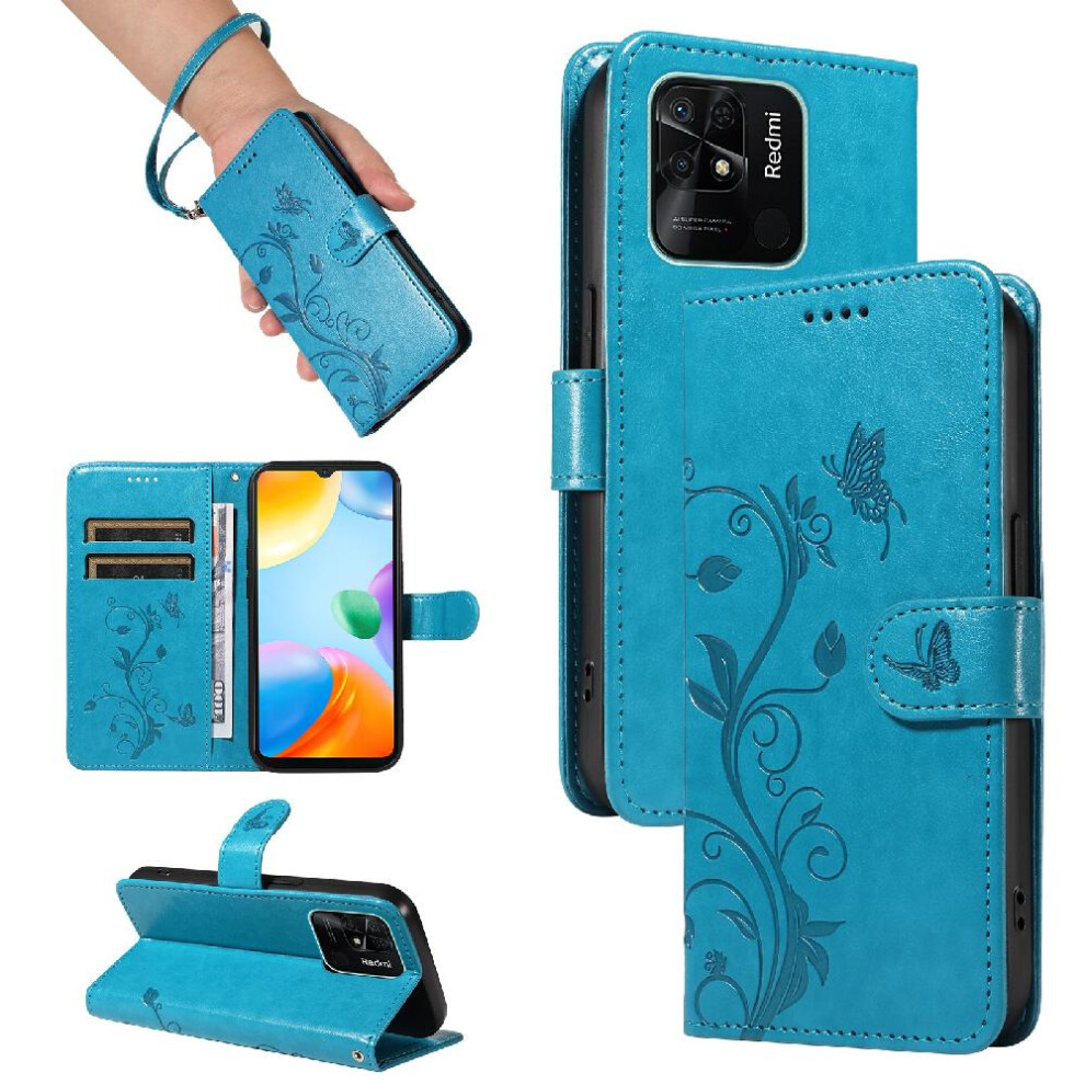 (Blue) Case For Xiaomi Redmi 10C Embossed Butterfly With Hand Strap And Card Slot Wallet Phone Case High Quality Leather Blue 764762629540