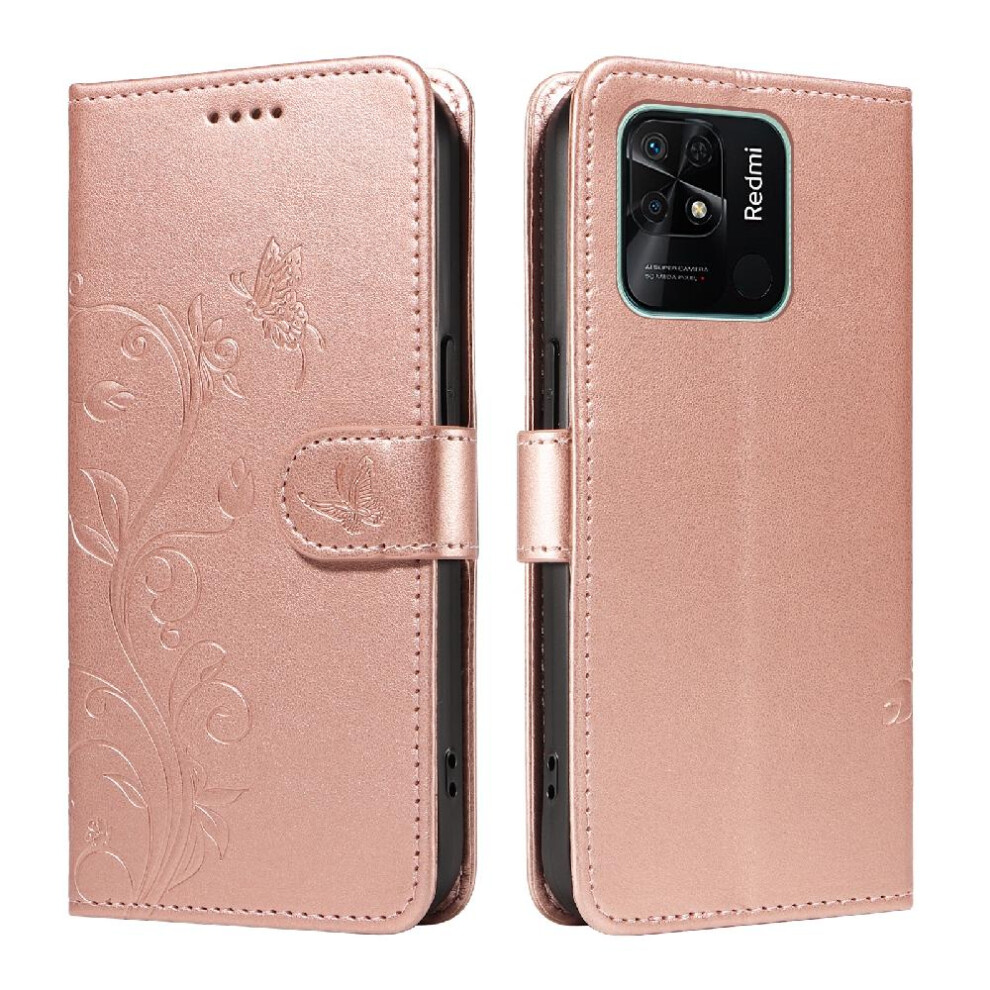 (Pink) Case For Xiaomi Redmi 10C Embossed Butterfly With Hand Strap And Card Slot Wallet Phone Case High Quality Leather Pink 764762629588