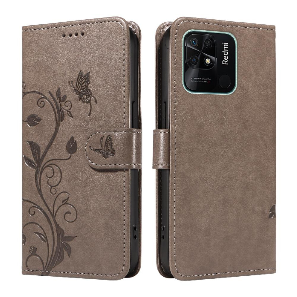 ( ) Case For Xiaomi Redmi 10C Embossed Butterfly With Hand Strap And Card Slot Wallet Phone Case High Quality Leather Gray 764762629571