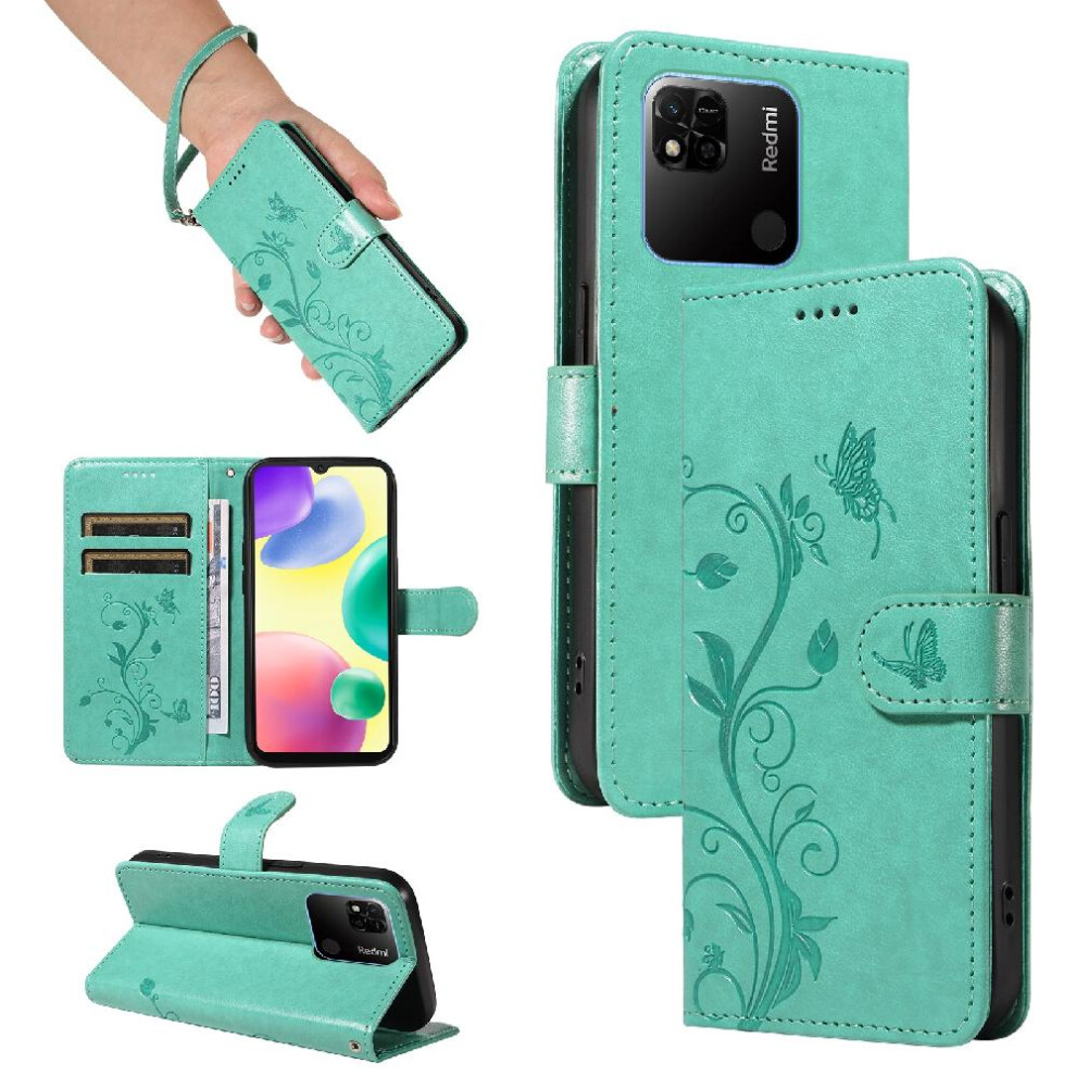(Green) Case For Xiaomi Redmi 10A With Hand Strap Wallet Phone Case Embossed Butterfly And Card Slot High Quality Leather Green 764762629595