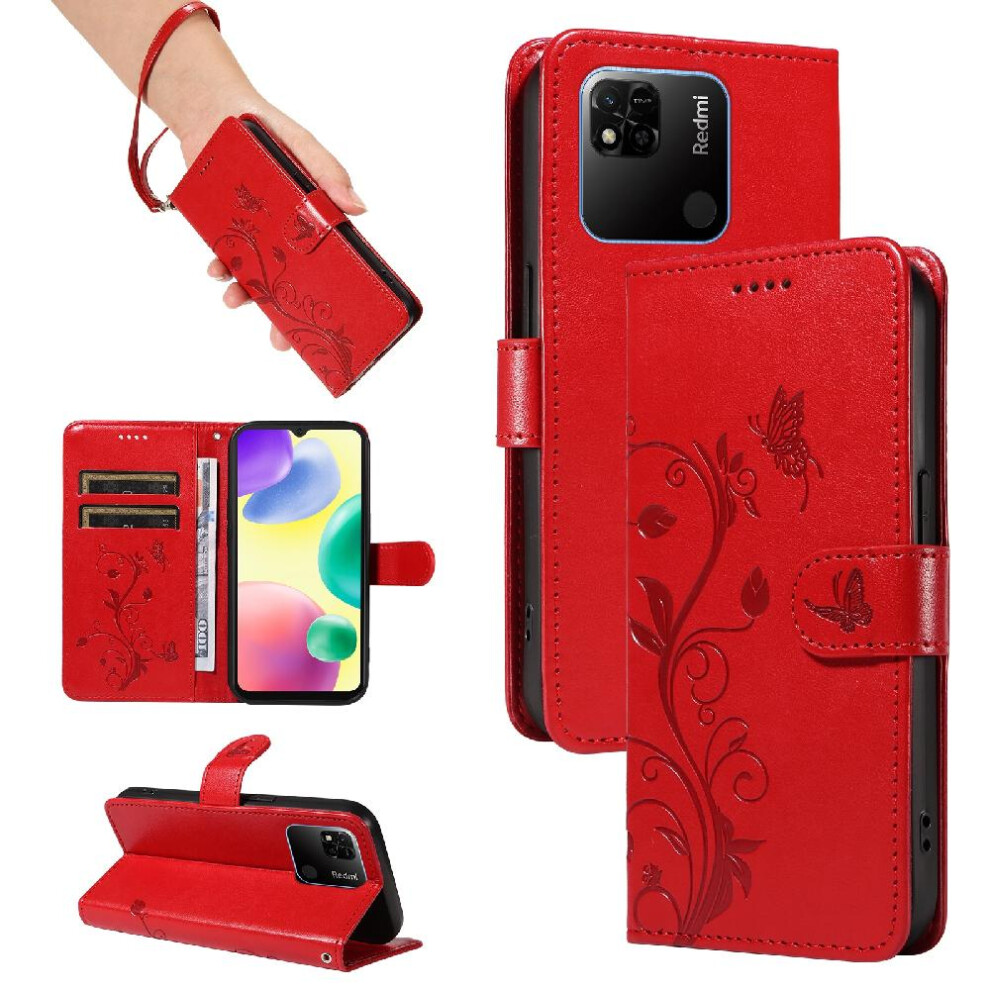 (Red) Case For Xiaomi Mi 10A With Hand Strap Wallet Phone Case Embossed Butterfly And Card Slot High Quality Leather Red 764762629625