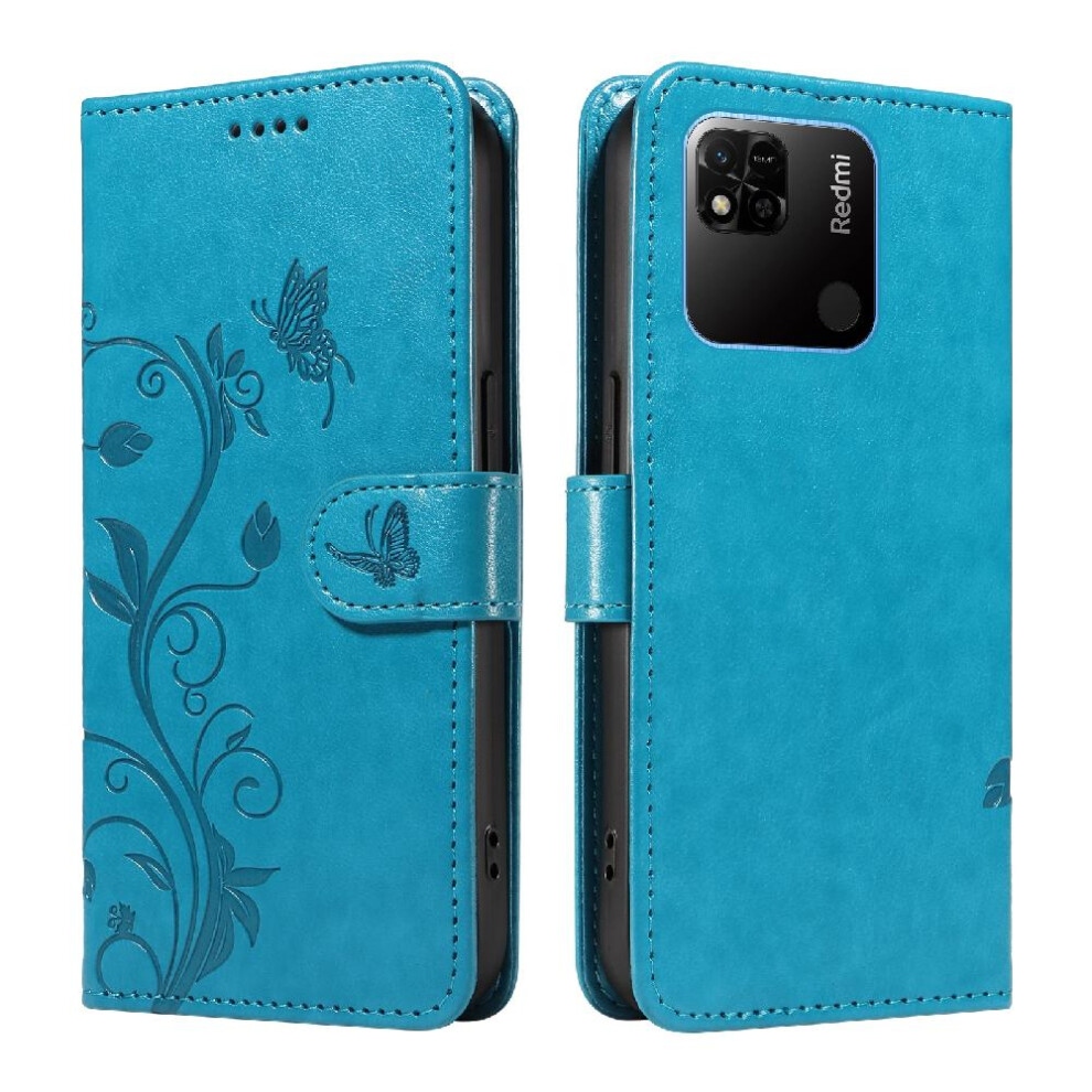 (Blue) Case For Xiaomi Redmi 10A With Hand Strap Wallet Phone Case Embossed Butterfly And Card Slot High Quality Leather Blue 764762629601