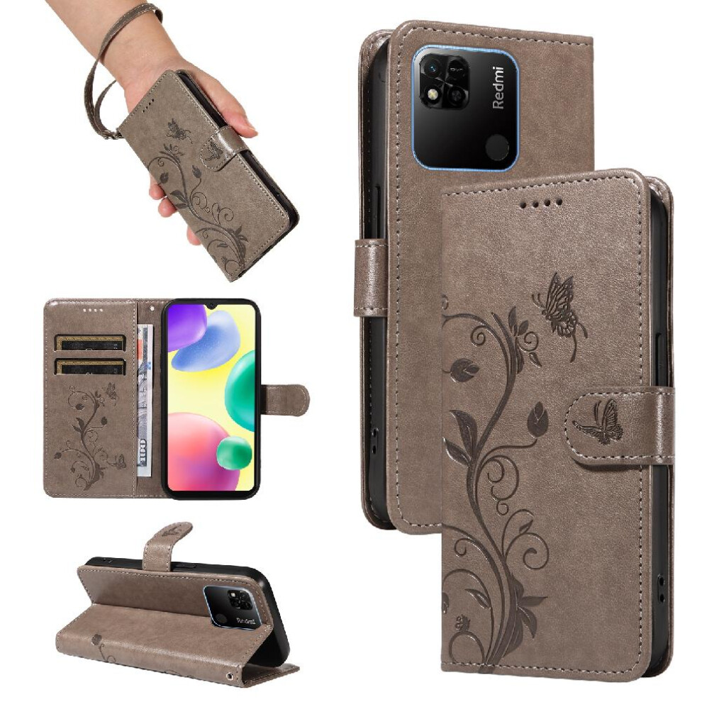 ( ) Case For Xiaomi Redmi 10A With Hand Strap Wallet Phone Case Embossed Butterfly And Card Slot High Quality Leather Gray 764762629632