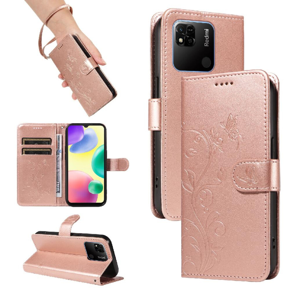 (Pink) Case For Xiaomi Redmi 10A With Hand Strap Wallet Phone Case Embossed Butterfly And Card Slot High Quality Leather Pink 764762629649