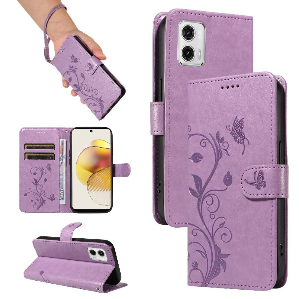 (Purple) Case For Motorola Moto G73 Embossed Butterfly Wallet Phone Case With Hand Strap And Card Slot High Quality Leather Purple 764762629915