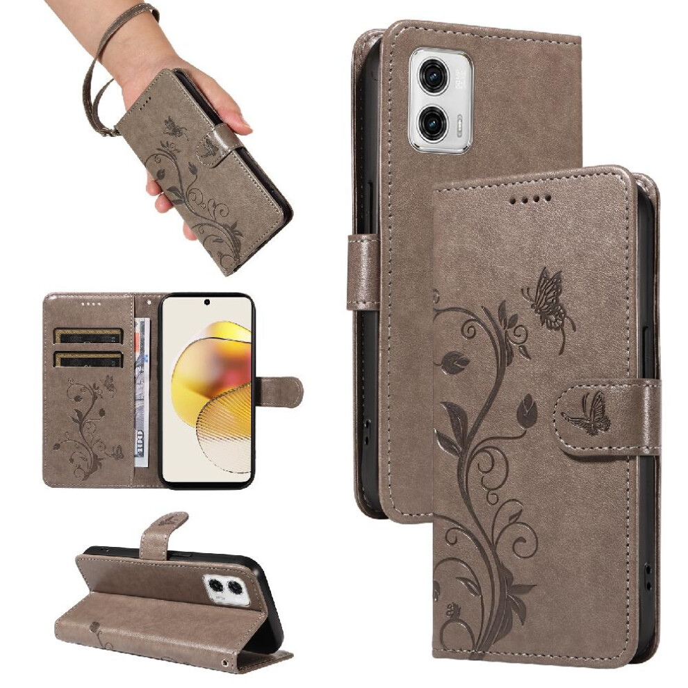 ( ) Case For Motorola Moto G73 Embossed Butterfly Wallet Phone Case With Hand Strap And Card Slot High Quality Leather Gray 764762629939