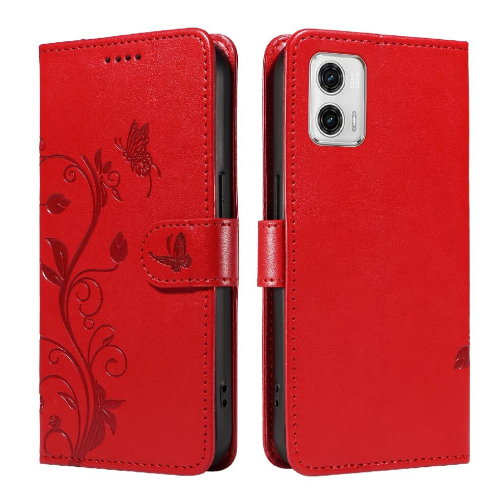 (Red) Case For Motorola Moto G73 Embossed Butterfly Wallet Phone Case With Hand Strap And Card Slot High Quality Leather Red 764762629922