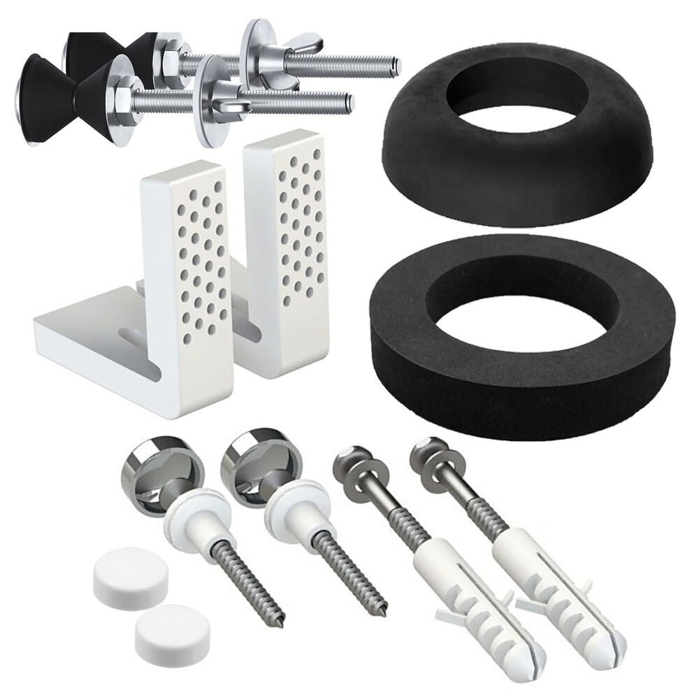 Toilet Pan Fixing Kit Angled Floor WC Bidet Basin Bathroom Bracket Set (White and Chrome Silver Caps)