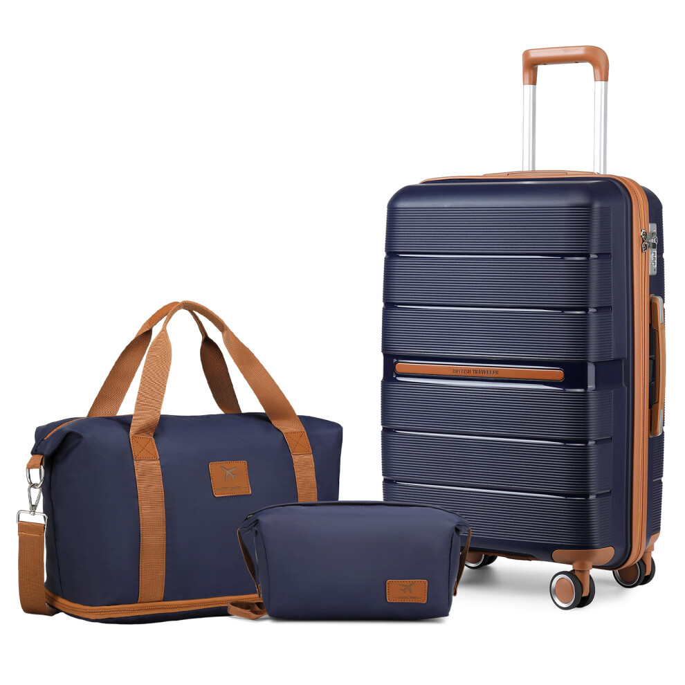 (Navy, 20 inch Suitcase+Travel Bag) 1 or 3 Pieces PP Hard Shell Suitcases and 2 Pieces Travel bag Luggage Travel Set