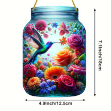 (A) Hummingbird Garden Mason Jar Shape Acrylic Hanging Decorative Plaque, Outdoor Decor for Garden
