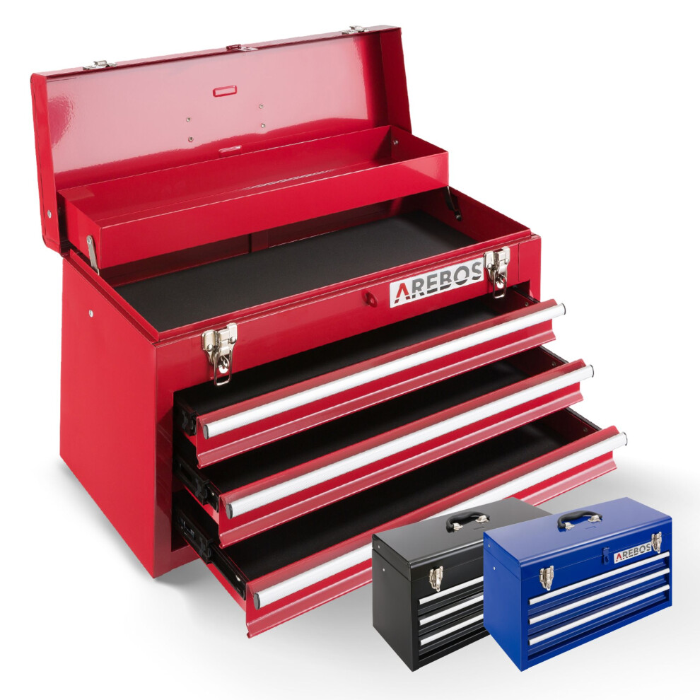 AREBOS Tool Chest with 3 drawers & 2 storage compartments | carrying handle & Lockable| Metal Tool Storage Box | Tool Organizer | Red