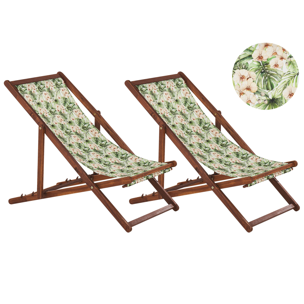 Set of 2 Acacia Folding Deck Chairs and 2 Replacement Fabrics Dark Wood with Off-White / Floral Pattern ANZIO