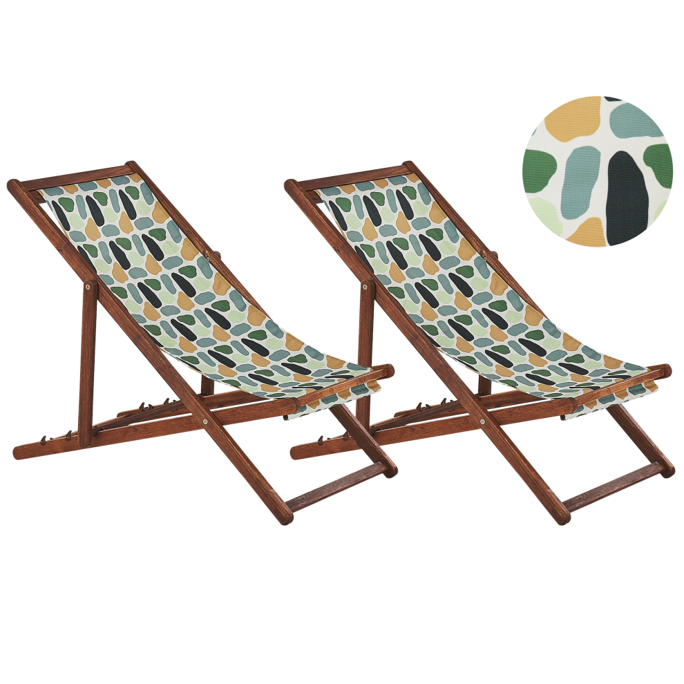 Set of 2 Acacia Folding Deck Chairs and 2 Replacement Fabrics Dark Wood with Off-White / Multicolour Geometric Pattern ANZIO