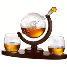 (1Bottle 2Cups LongWoodenStand) 3pcs/set, 850ml 30oz Whiskey Globe Decanter Set - Crystal Glass