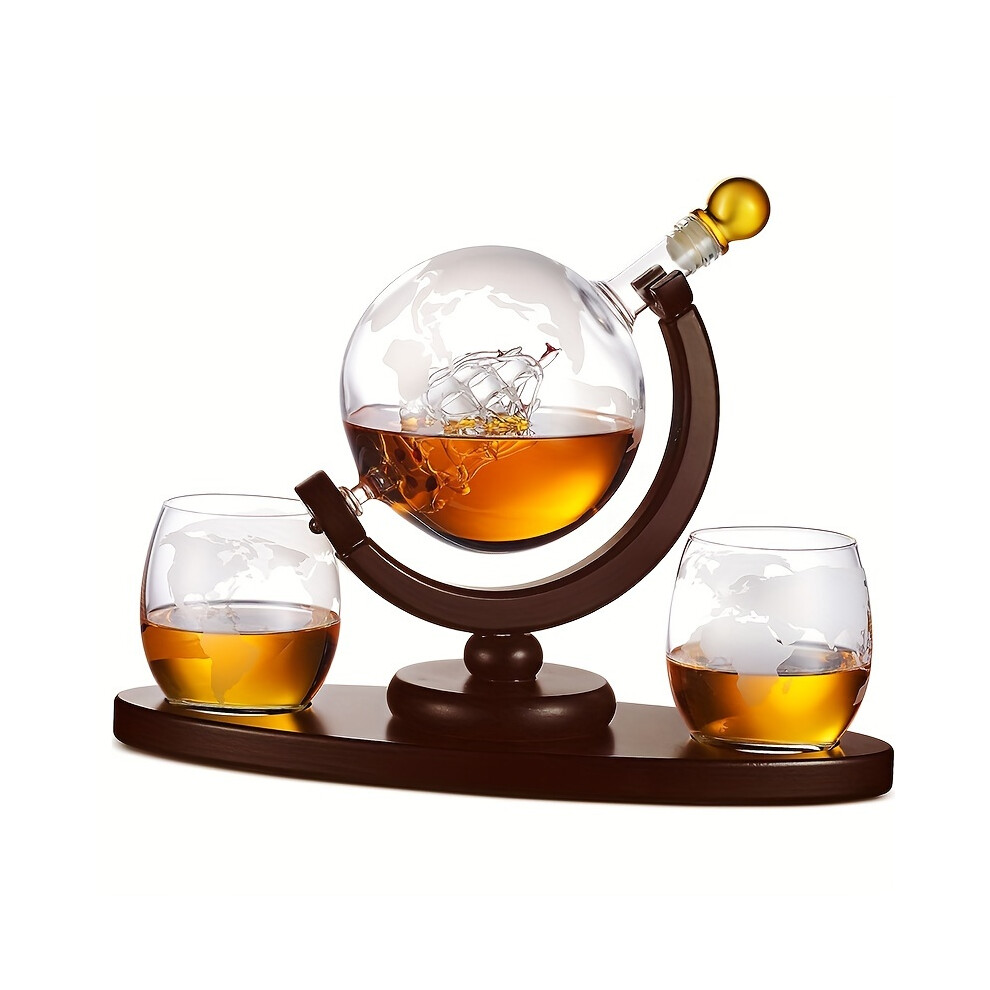 (1Bottle 2Cups LongWoodenStand) 3pcs/set, 850ml 30oz Whiskey Globe Decanter Set - Crystal Glass