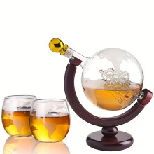 (1Bottle 2Cups WoodenStand) 3pcs/set, 850ml 30oz Whiskey Globe Decanter Set - Crystal Glass