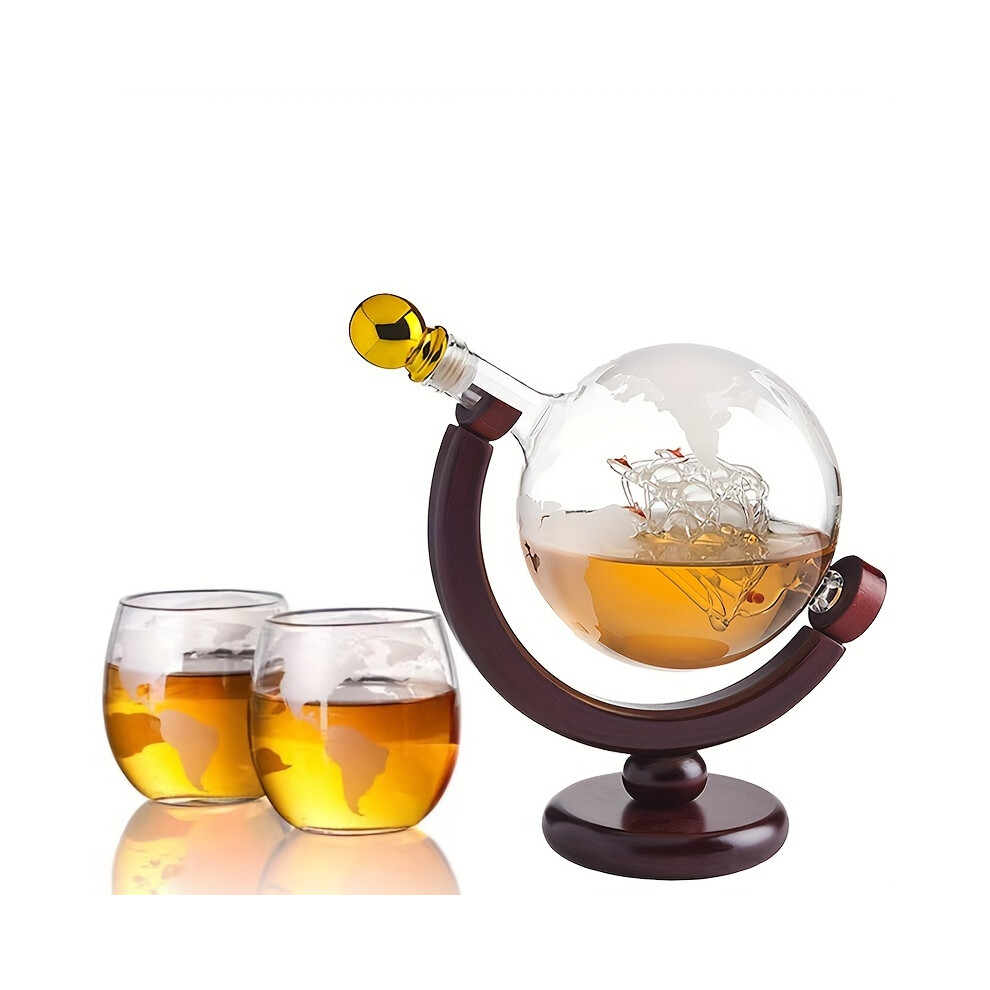 (1Bottle 2Cups WoodenStand) 3pcs/set, 850ml 30oz Whiskey Globe Decanter Set - Crystal Glass 