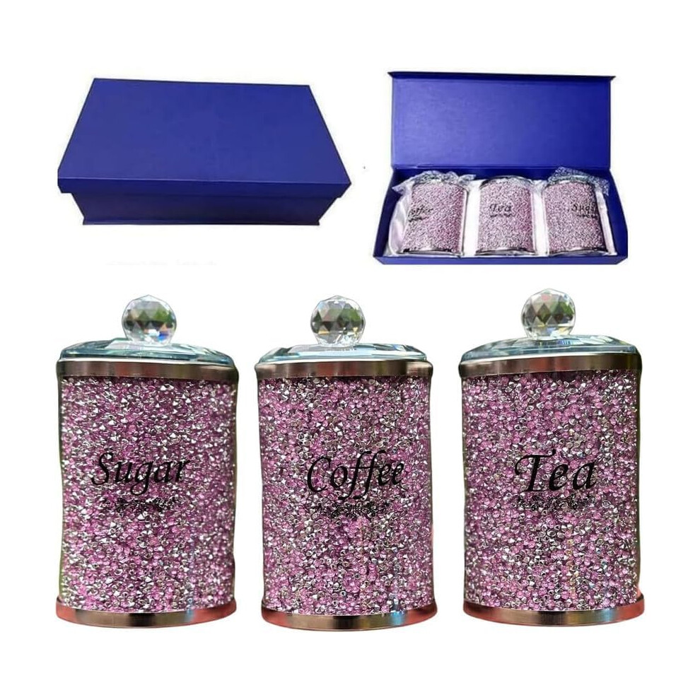 ProTech Crystal Tea, Coffee & Sugar Jars, Kitchen Storage Canisters, Crushed Diamond Sparkle Glass Jars, Pink