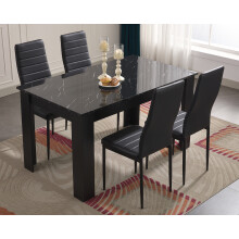((120cm Black Marble Table & 4 Black Chairs)) Wooden Dining Table and Chairs 4/6 Set Pu Leather Seat Dining Kitchen Room Furniture