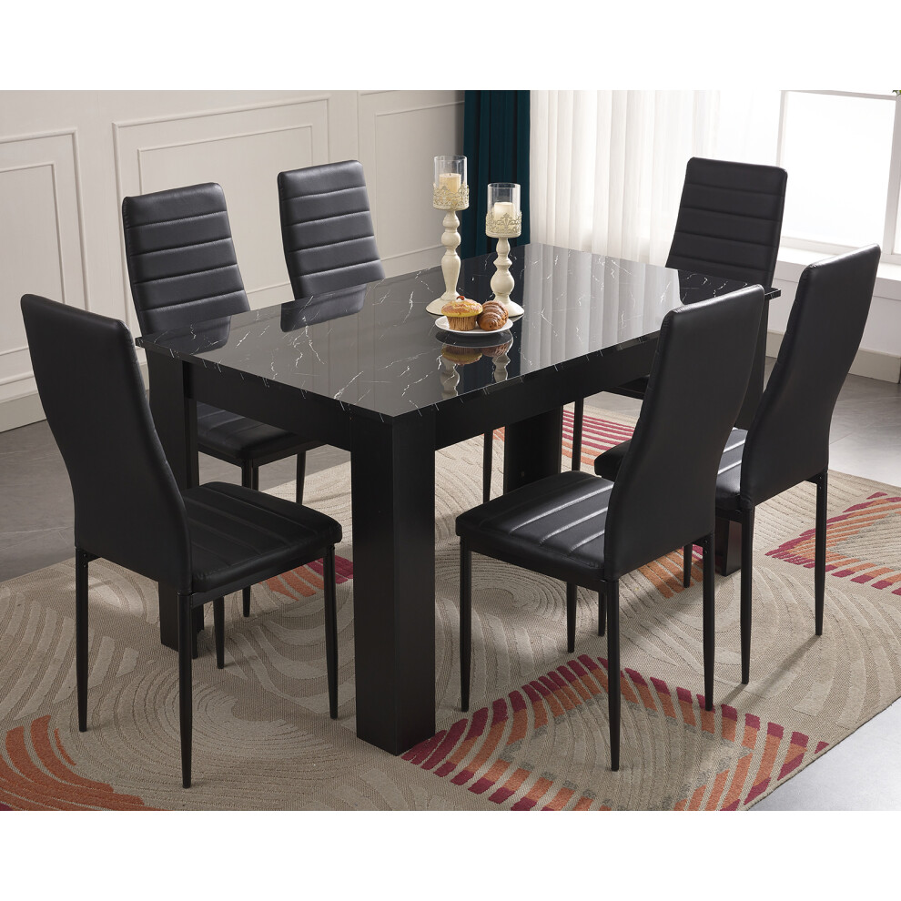 ((140cm Black Marble Table & 6 Black Chairs)) Wooden Dining Table and Chairs 4/6 Set Pu Leather Seat Dining Kitchen Room Furniture