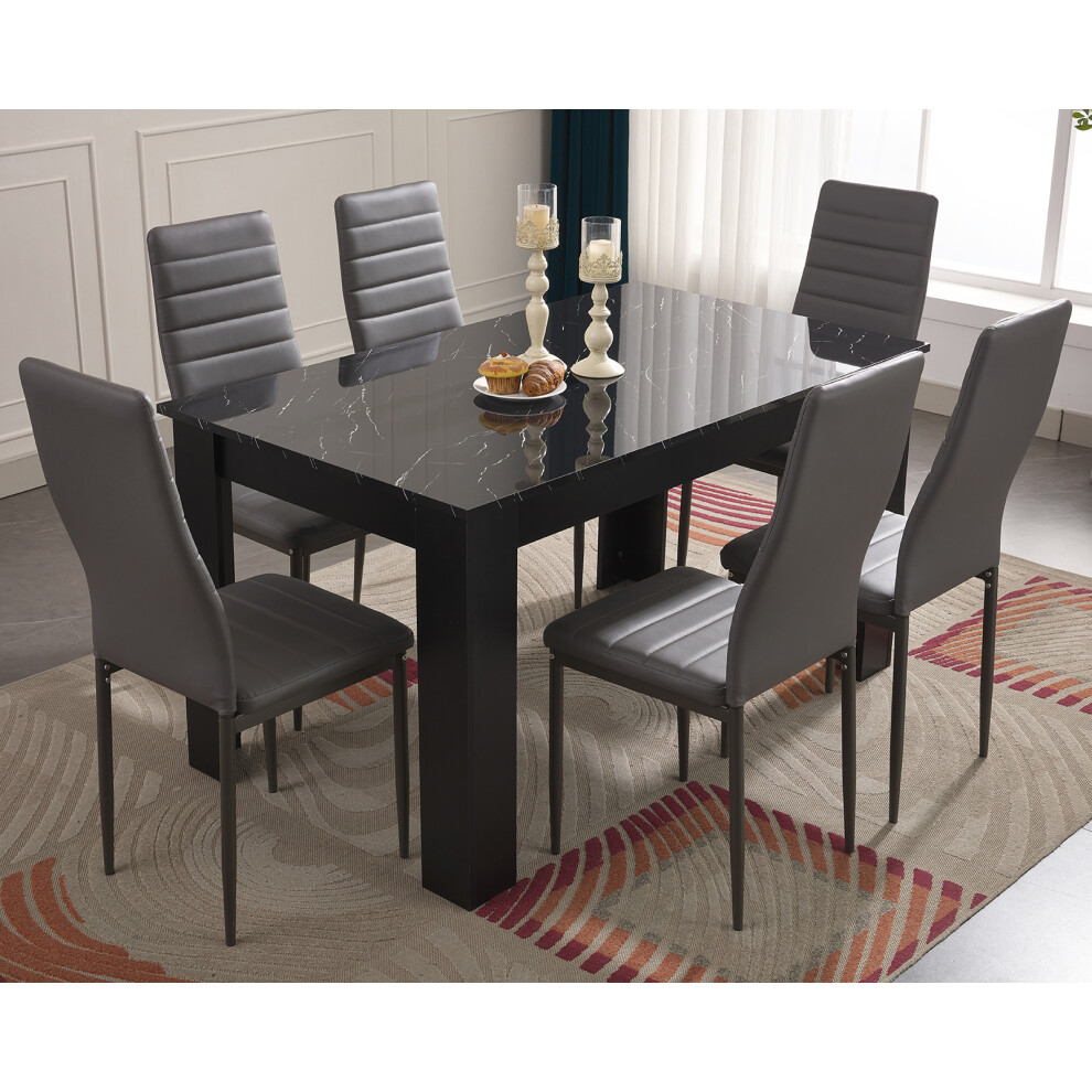 ((140cm Black Marble Table & 6 Grey Chairs)) Wooden Dining Table and Chairs 4/6 Set Pu Leather Seat Dining Kitchen Room Furniture