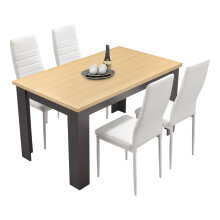 ((120cm Pine+Grey & 4 White Chairs)) Wooden Dining Table and Chairs 4/6 Set Pu Leather Seat Dining Kitchen Room Furniture
