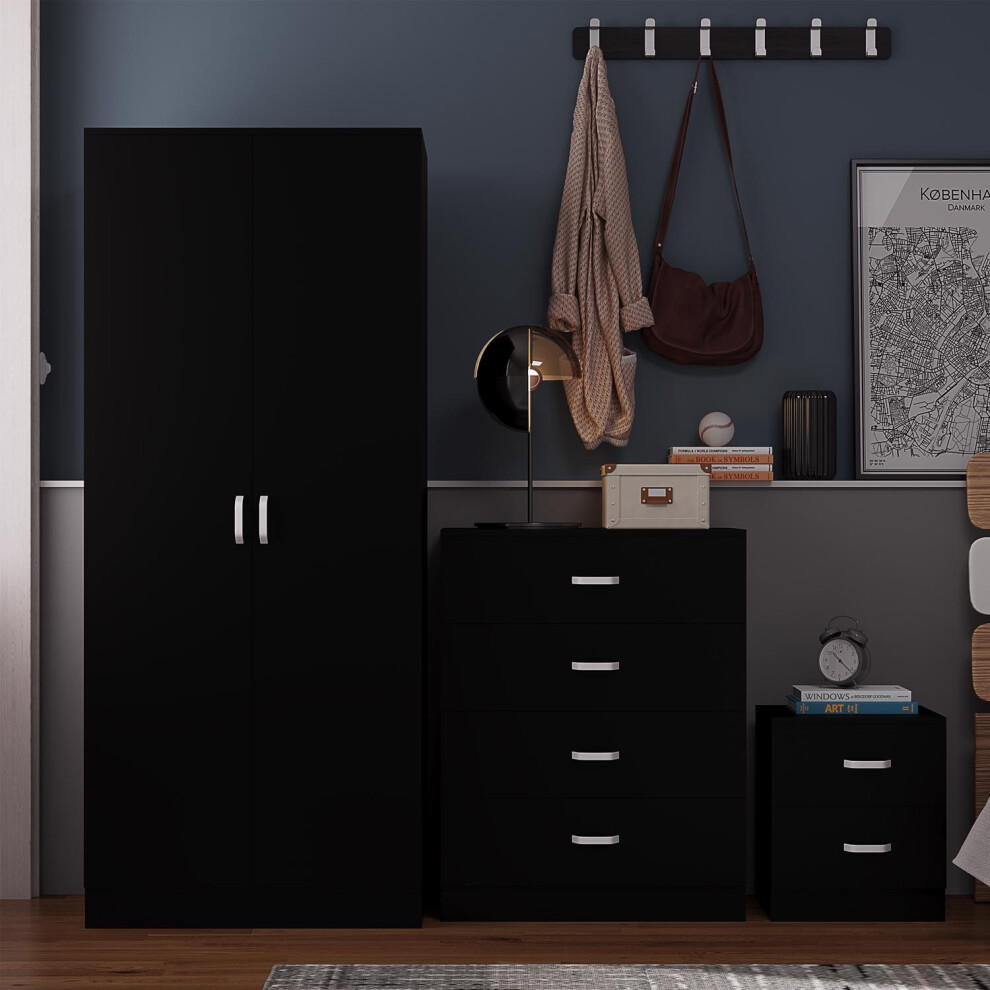 3 Piece Bedroom Furniture Set Chest of Drawers Wardrobe Bedside Table Matt Black