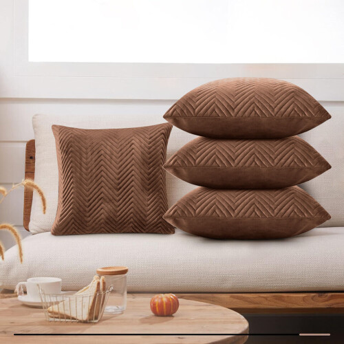(Coffee Brown Embossed, Pack of 4) Velvet Cushion Covers Plain & Stripe Patterned Cushion Covers Set Pack of 2 & 4