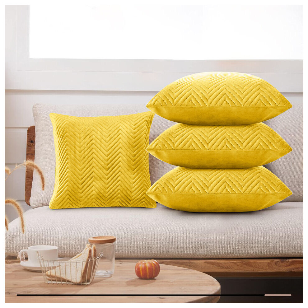 (Ochre Yellow Embossed, Pack of 4) Velvet Cushion Covers Plain & Stripe Patterned Cushion Covers Set Pack of 2 & 4