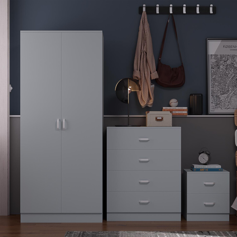 3 Piece Bedroom Furniture Set Chest of Drawers Wardrobe Bedside Table Matt Grey