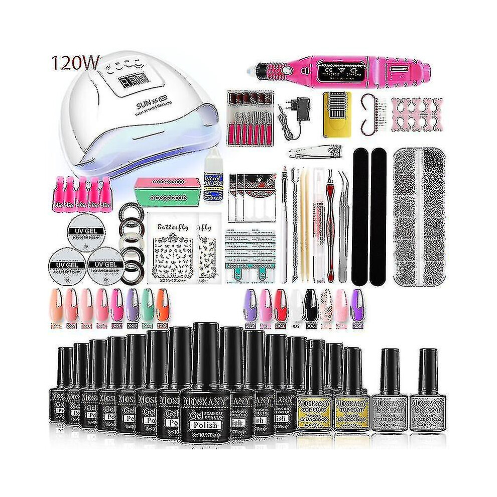 (YH33-1) Nail Gel Kit Professional Nail Set With 120w/54w Uv Nail Lamp And Nail Drill Compatible All Drying Gel Nail Polish Manicure Set