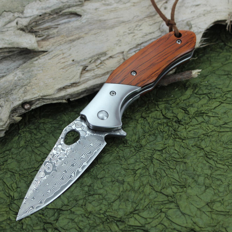 Damascus Pocket Knife For Men, Vg10 Core Damascus Steel Folding Knife With Drop Point Blade, Wood Handle, Liner Lock, Ball Bearing, Thumb Hole, For Ed