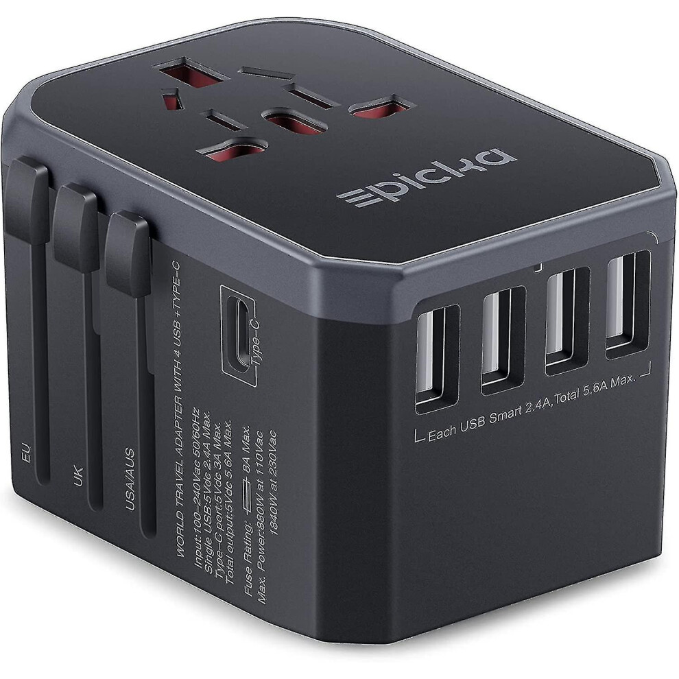Universal Travel Adapter One International Wall Charger Ac Plug Adaptor With 5.6a Smart Power And 3.0a Usb Type-c For Usa Eu Uk Aus ( Grey )