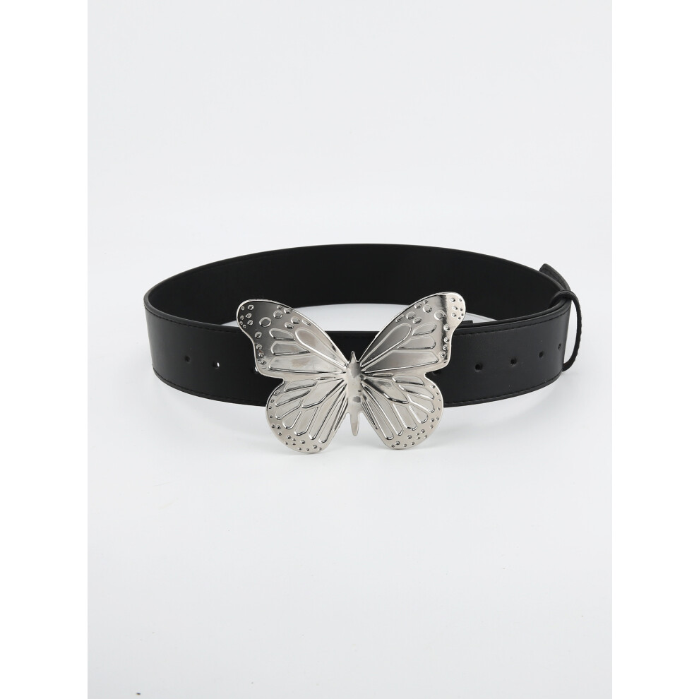 (Black) Belt Womens Retro Waistband With Alloy Butterfly Buckle Match With Any Outfit