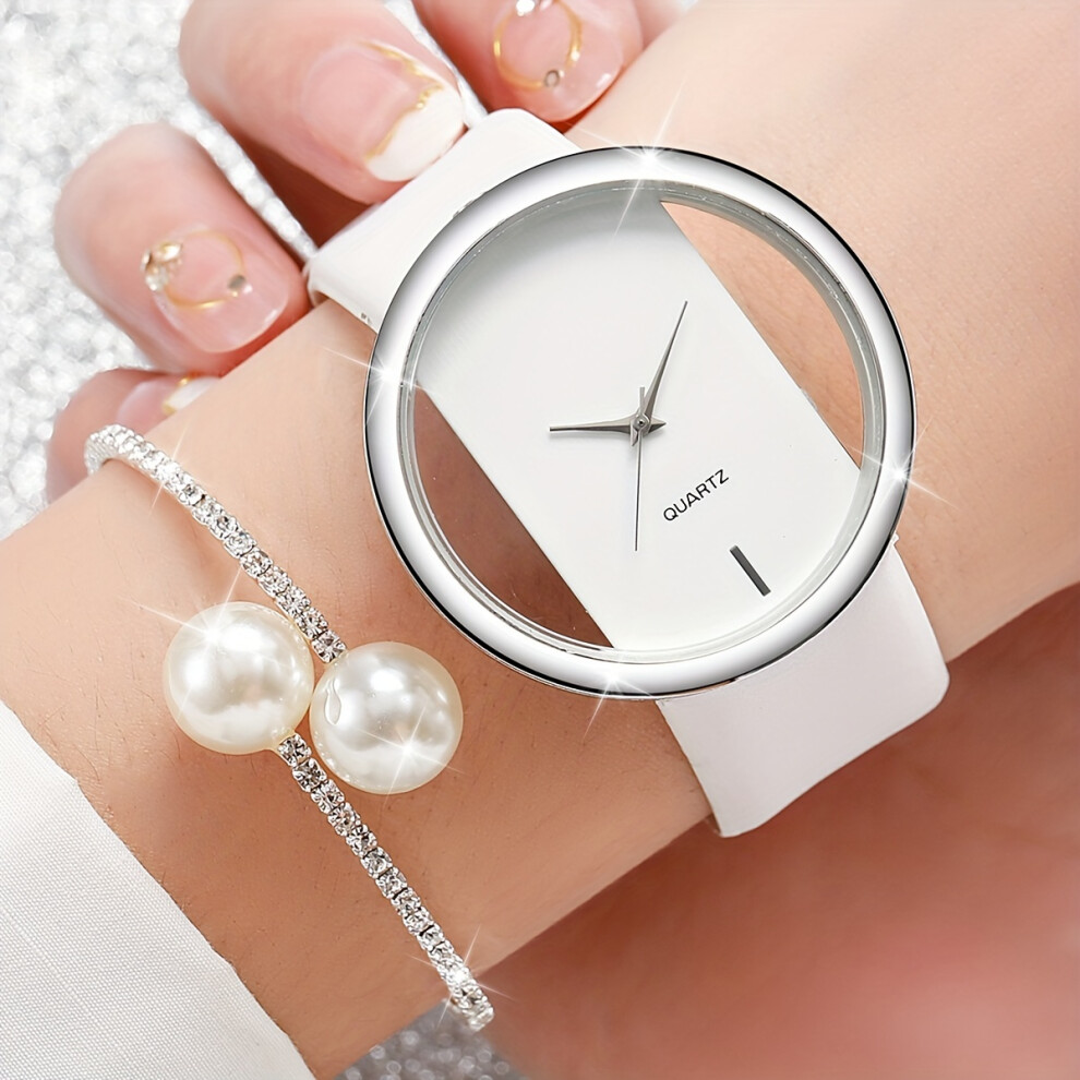 (V1388 White   Silver Faux Pearl Rhinestone Bracelet) 2pcs/set Fashionable Women's Quartz Watch with, Analog Display, and Faux Pearl Bangle