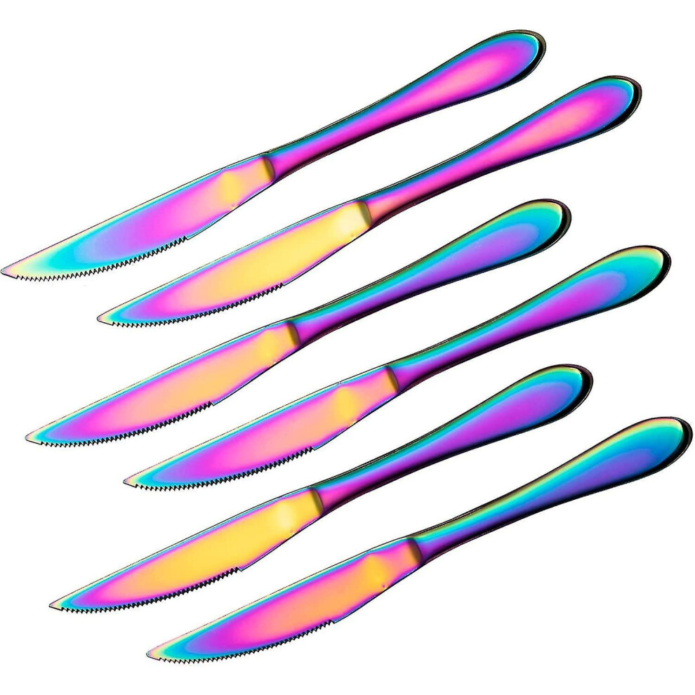 Ultra-sharp Serrated Solid Handle Steak Knives, 6-piece Colorful Steak Knife Sets - Rainbow
