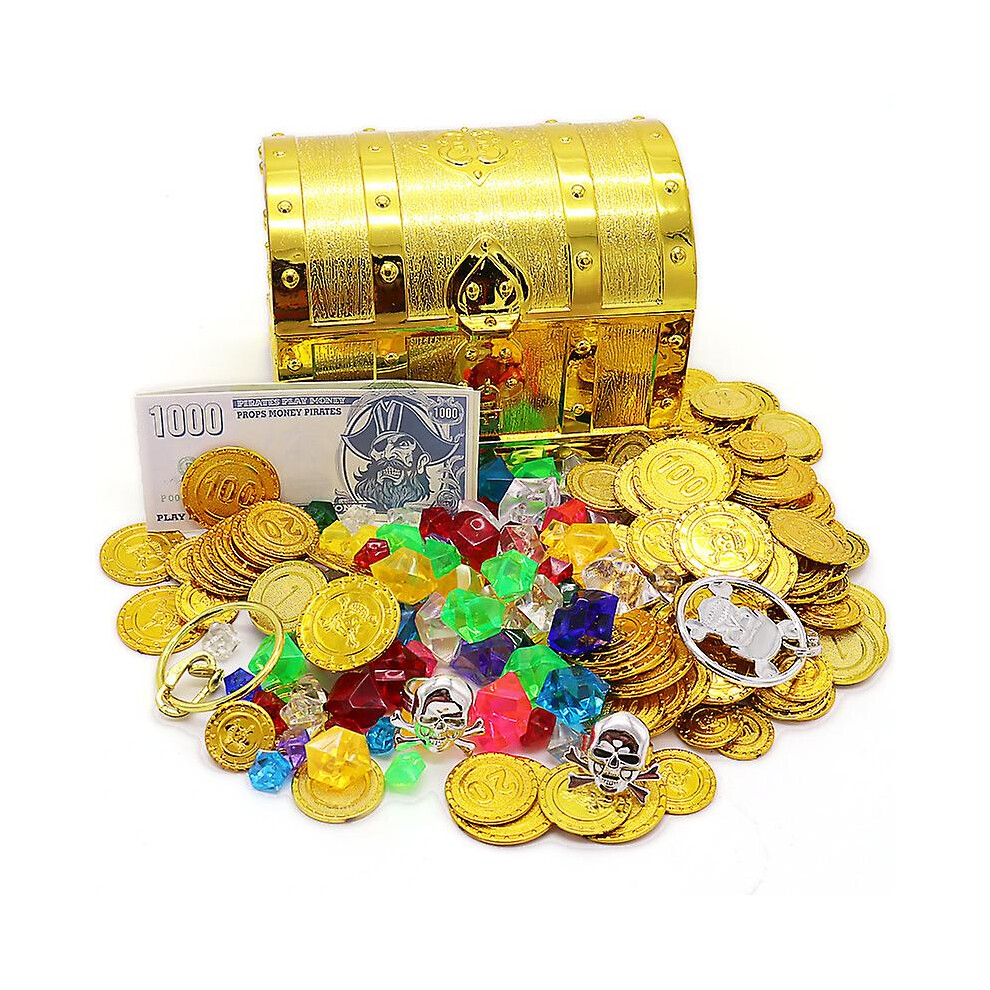 Gold 100Pcs Pirate Treasure Chest Toy Kit Antique Big Treasure Chest Pirate Box Treasure Jewels Pirate Coins