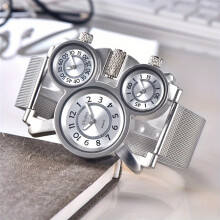 (Silver) Oulm Mesh Steel Men's Watch, 3 Color 3 Time Zone Unique Creative Quartz Watches