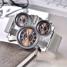 (Silver Brown) Oulm Mesh Steel Men's Watch, 3 Color 3 Time Zone Unique Creative Quartz Watches