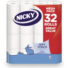 Nicky Soft Touch Toilet Tissue Extra Value Pack 32 Rolls of Extra Gentle Toilet Paper 190 Sheets per Roll 2-ply Soft Tissue 100% FSC Certified Paper