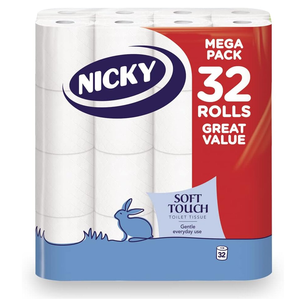 Nicky Soft Touch Toilet Tissue Extra Value Pack 32 Rolls of Extra Gentle Toilet Paper 190 Sheets per Roll 2-ply Soft Tissue 100% FSC Certified Paper