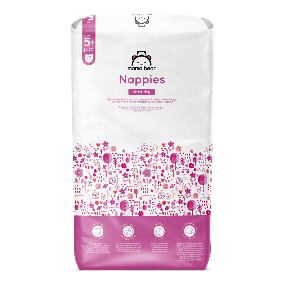 Mama Bear Ultra Dry Nappies, Size 5+ (11-17 kg), 72 Count, White