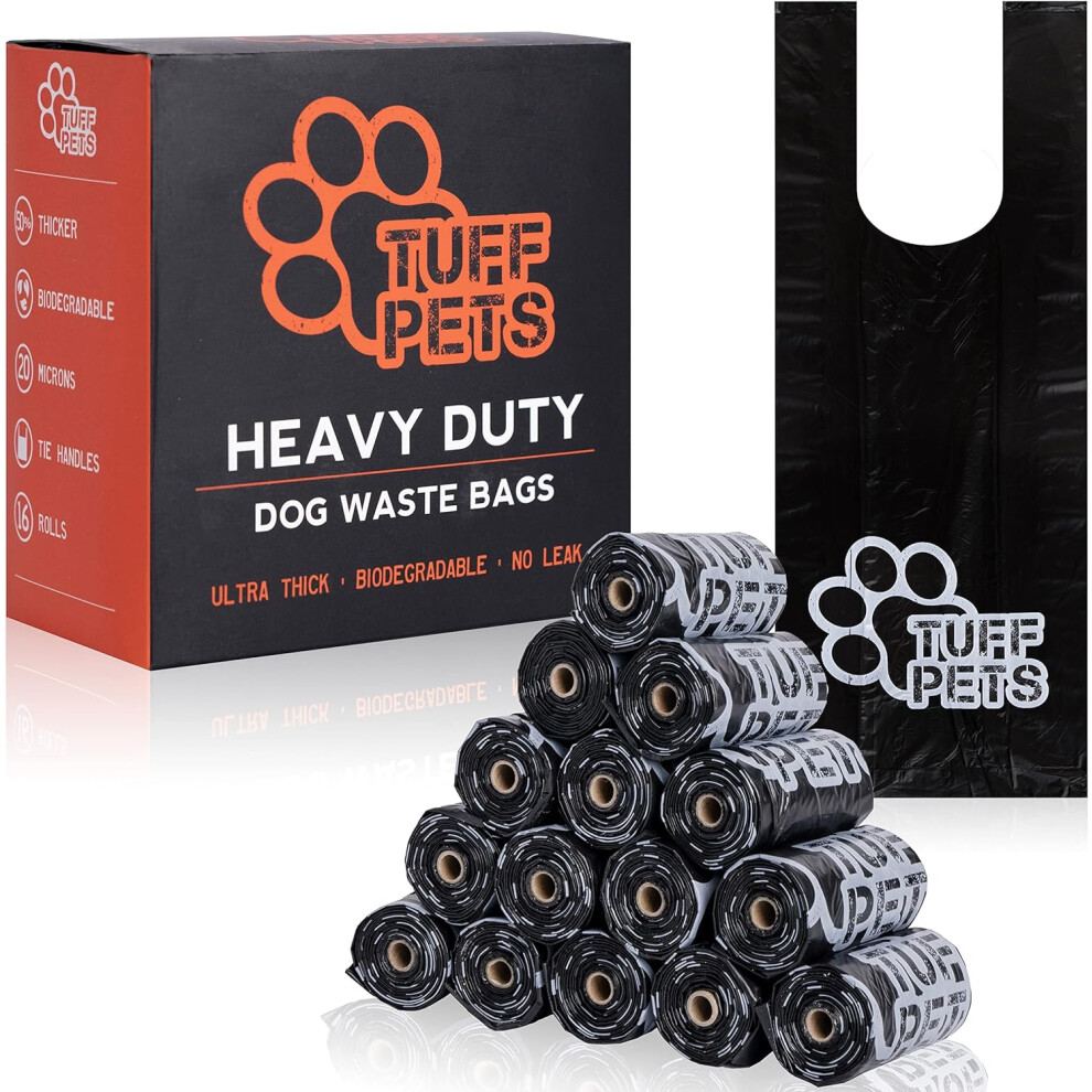 Tuff Pets 50% Stronger Dog Poo Bags Biodegradable Eco Dog Poo Bags w/ Tie Handles on a Roll Cornstarch 16 Dispenser Refill Rolls Thick Doggy Poop Bags
