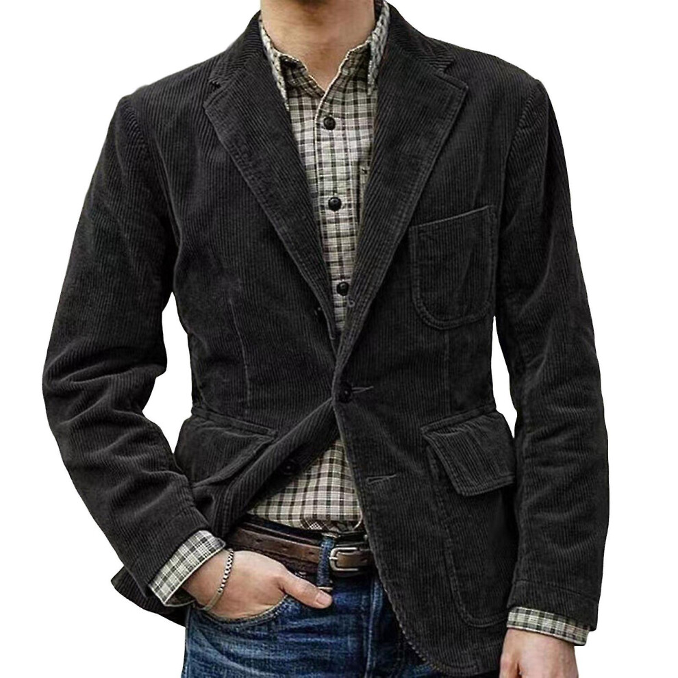 (Black, L) Flap Pockets Single Breasted Men Jacket Corduroy Lapel Suit Jacket-yvan