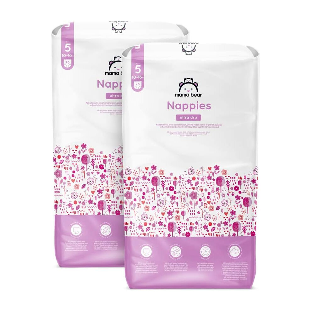 Amazon Brand - Mama Bear Ultra Dry Nappies, Size 5 (10-16 kg), 152 Count (2 Packs of 76), White, Monthly Pack