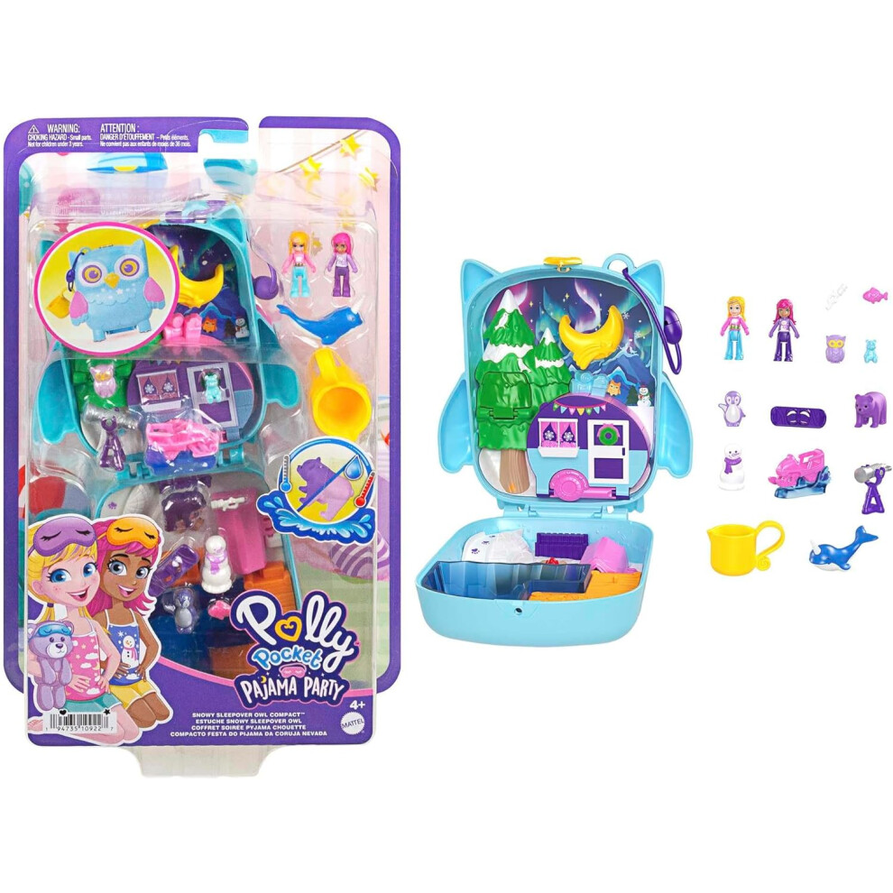 Polly Pocket Dolls and Playset Animal Toys Pajama Party Snowy Sleepover Owl Compact Playset with Water Play and 2 Color-Change Pieces HKV37