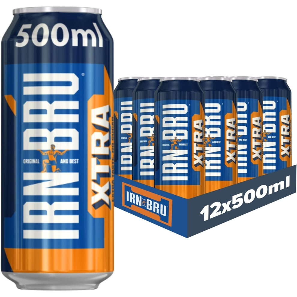 IRN-BRU XTRA, 12 Pack Zero No Sugar & Low Calorie with XTRA Taste Fizzy Drink Multipack Cans - 12 x 500ml Big Cans 